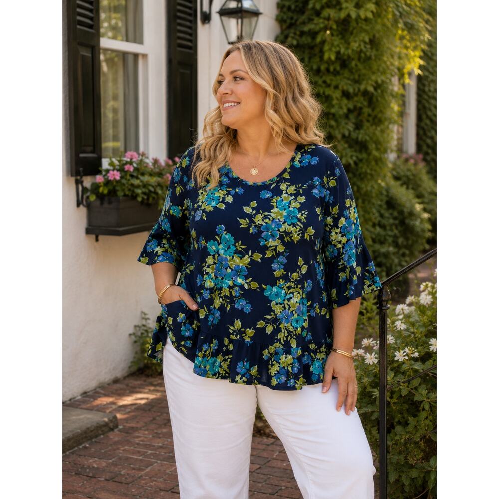 Susan Graver blue multi floral stretch knit blouse ruffle flare sleeves size 2X